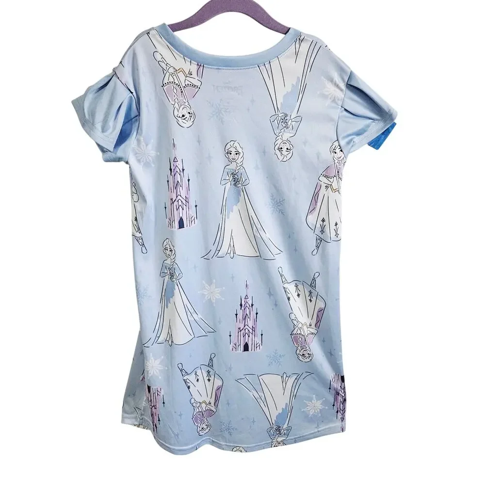 Disney Frozen Nightgown Pajama Dress Pastel Blue Elsa Anna Snowflake Size 8